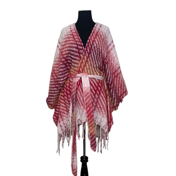 Vince Camuto Pink Orange Twill Striped Tie Waist Ruana Wrap size One Size - Picture 1 of 11